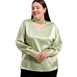 Daisy Silk Satin Washable Silk Long Sleeves Blouse Women XXL Green Luxury Preppy